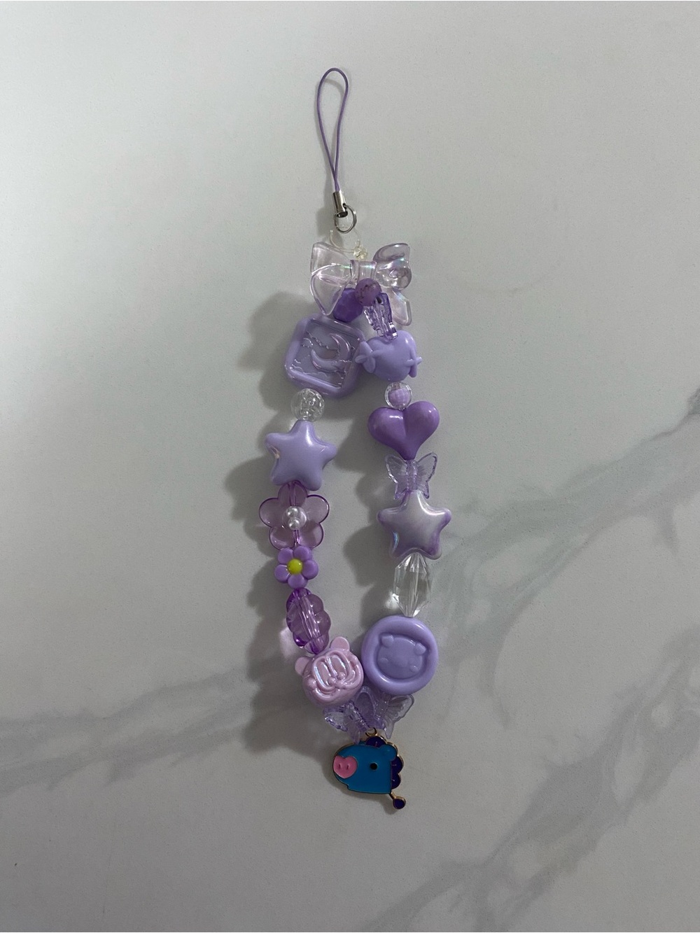 Purple Beaded Phone Charm Strap with Cute Animal Accent